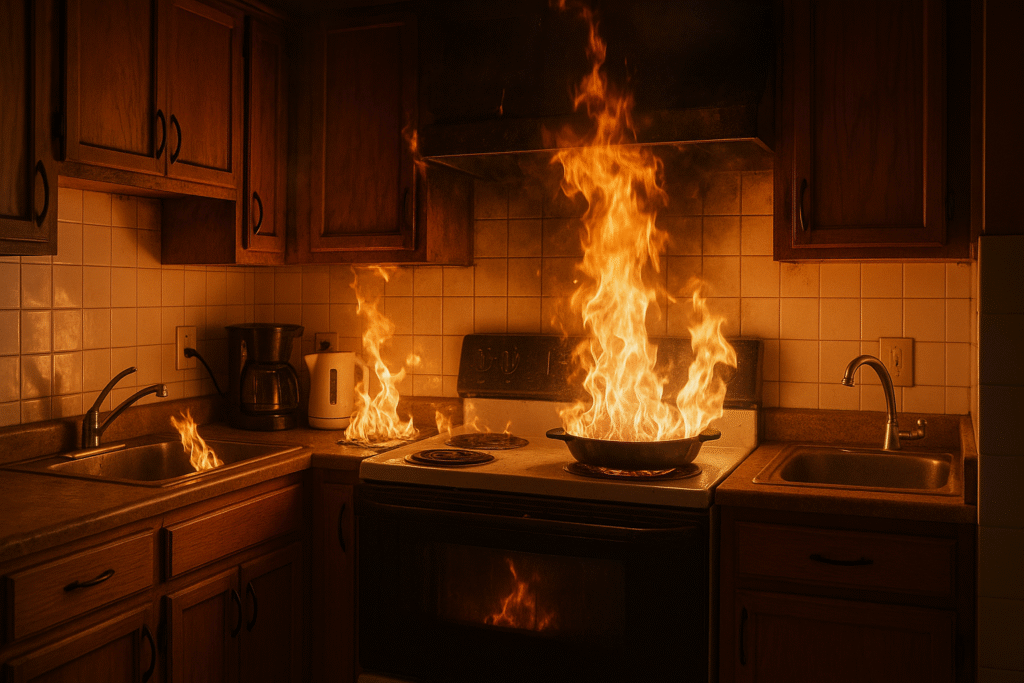a pan on fire in a kitchen